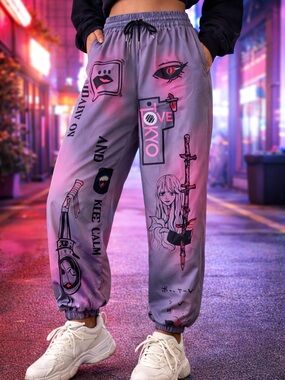 ROMWE Graphic Jogger Pants Size L Anime Streetwear Y2K Harajuku Drawstring